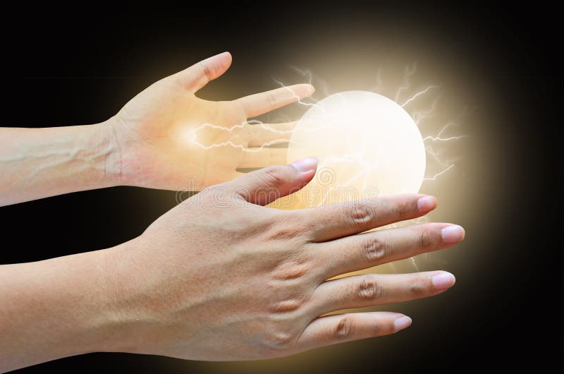 Power Ball and Electric Current in Two Hands Stock Photo Image of