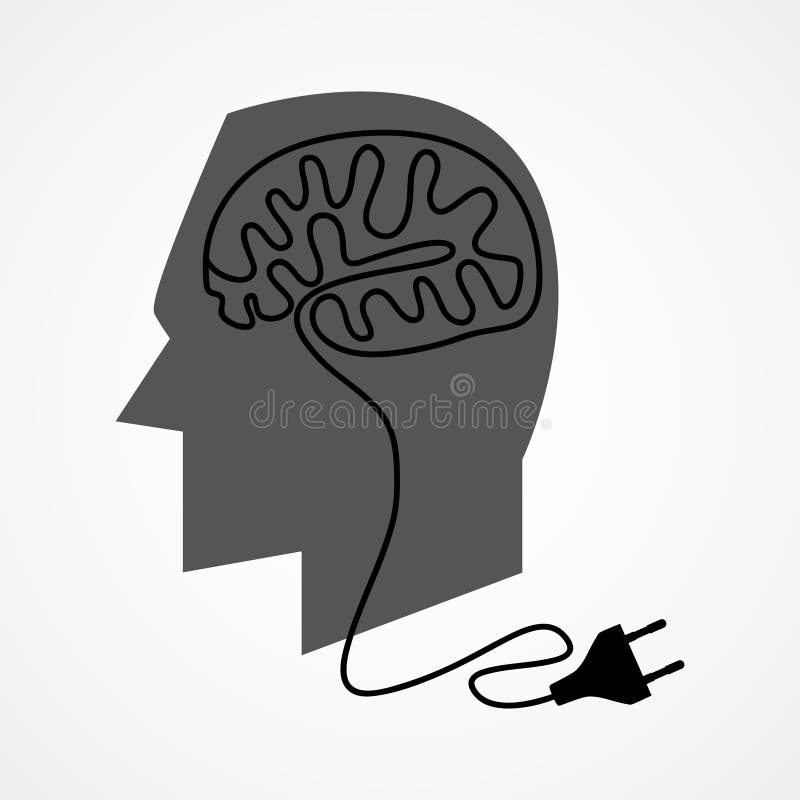 Graphic illustration of a human head with unplug power cable that forming a human brain. Brain disconnect vectors