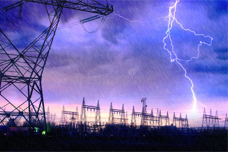 Power Distribution Station with Lightning Strike.