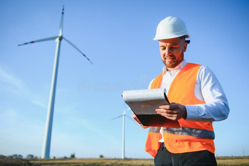 Power Engineer are Working with Wind Turbines Stock Photo Image of