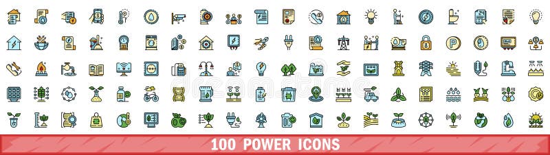 100 power icons set, color line style royalty free illustration