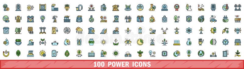 100 power icons set, color line style vector illustration