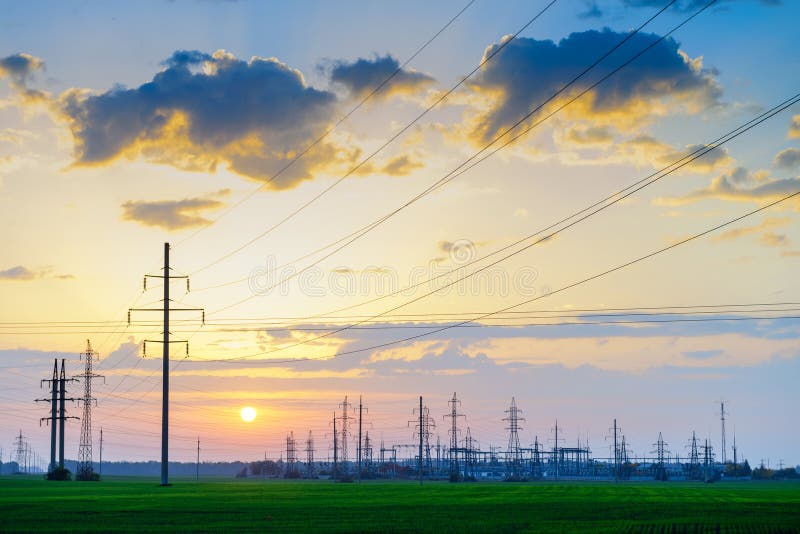 Power lines at the sunset