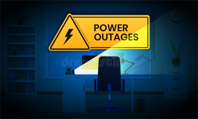 Power outage, warning poster with flashlight and triangular icon of electricity in the office workspace royalty free illustration