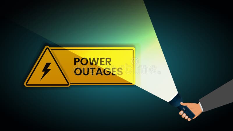 Power outage, warning poster in yellow a triangular icon of electricity and hand with flashlight vector illustration