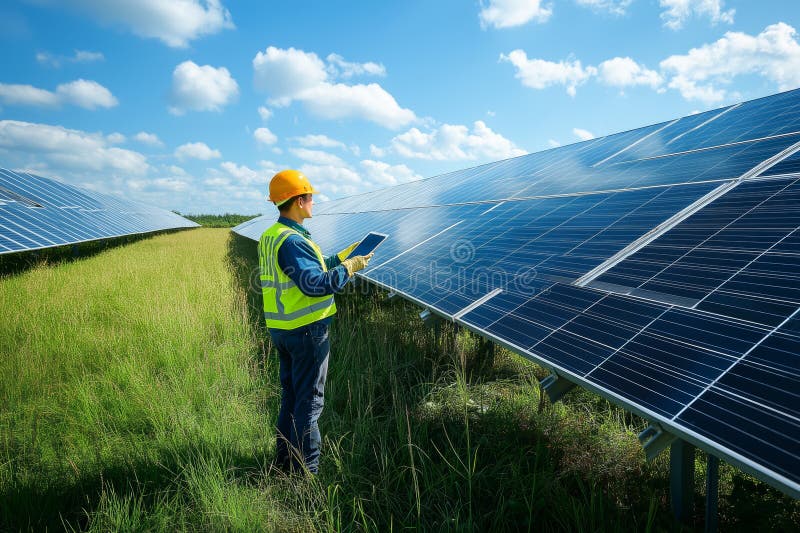 Power plant engineer installs solar panels and inspects with tablets for renewable energy technology stock illustration