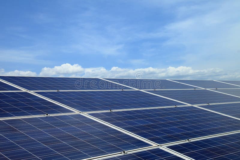 Power Plant Using Renewable Solar Energy on Blue Sky Cloud. Stock Photo