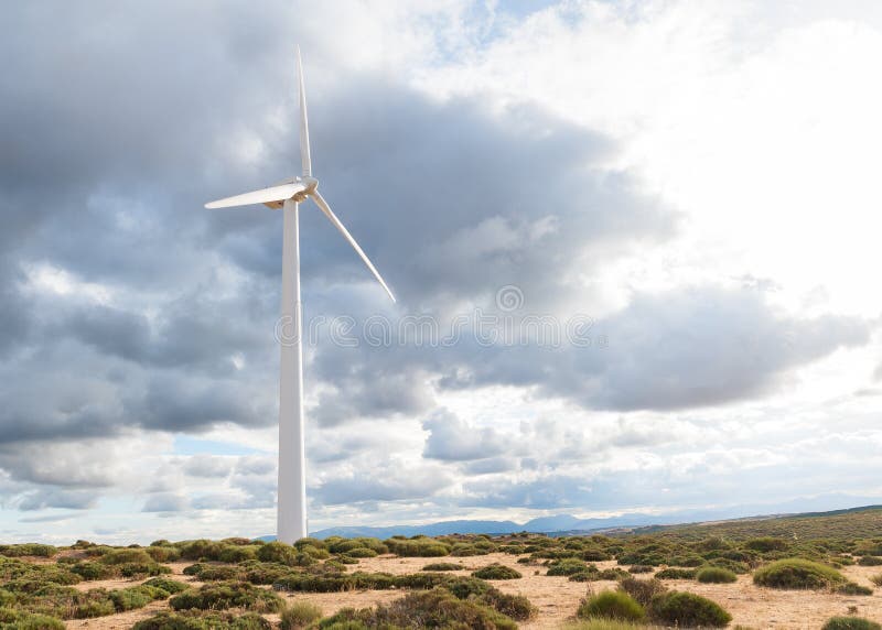 Power plant with wind turbines in open field background royalty free stock photo