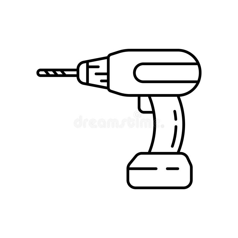 Power screwdriver icon. Linear logo of hand drilling machine. Black simple illustration of professional tool, perforator. Contour