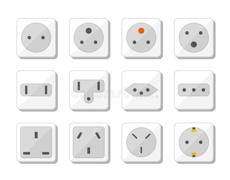 Power Socket Icon Set. World Standards for Different Country Plugs Stock Vector Illustration
