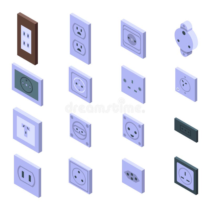 Power socket icons set, isometric style