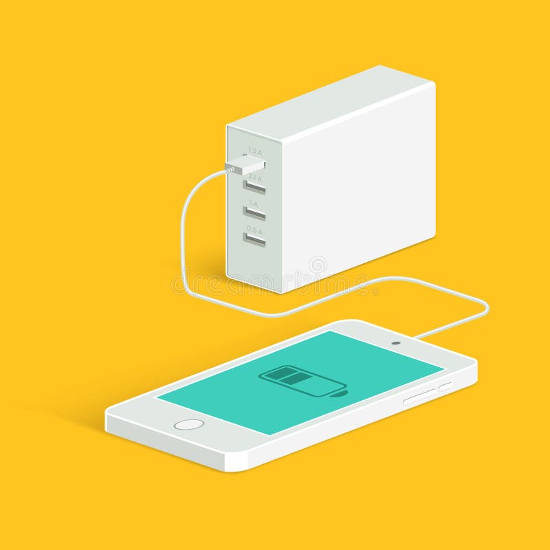 Powerbank, das einen weißen Smartphone auflädt Isometrische Ansicht Flache Art des Vektors stock abbildung Powerbank, das einen weißen Smartphone auflädt Isometrische Ansicht Flache Art des Vektors stock abbildung