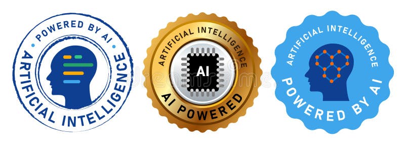 Powered by AI Artificial Intelligence label stamp emblem logo of neural network study stock illustration