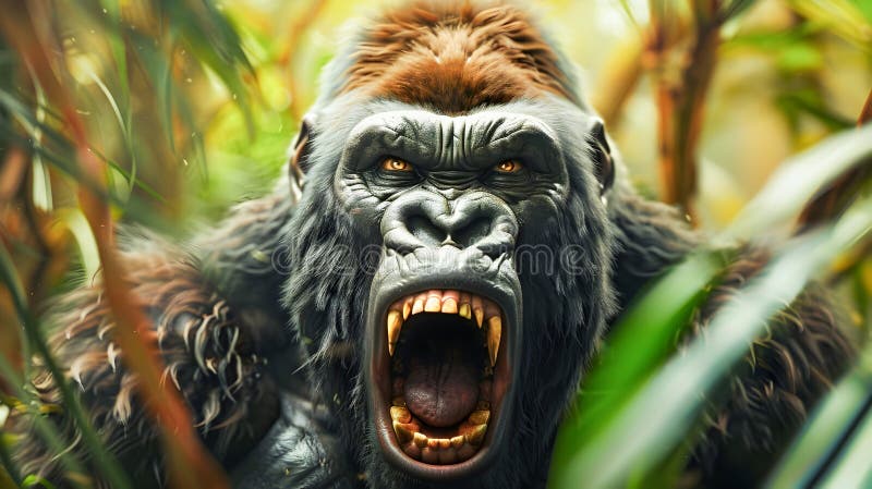 Powerful and Aggressive Gorilla Primate Screaming and Baring Teeth in a Dense and Lush Jungle Landscape Setting Primitive and vector illustration