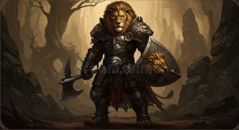 A powerful anthropomorphic lion character is standing in a forest. It wears ornate vector illustration