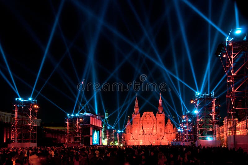 Powerful Blue Lights Over Red Square in Red royalty free stock photo Powerful Blue Lights Over Red Square in Red royalty free stock photo