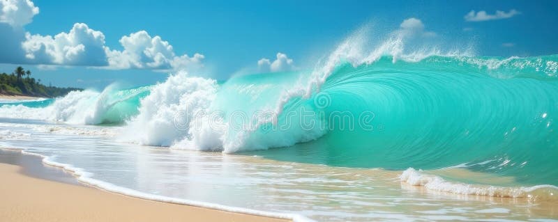 Powerful curl of turquoise water, breaking on sandy beach, dramatic, sea spray, shore vector illustration