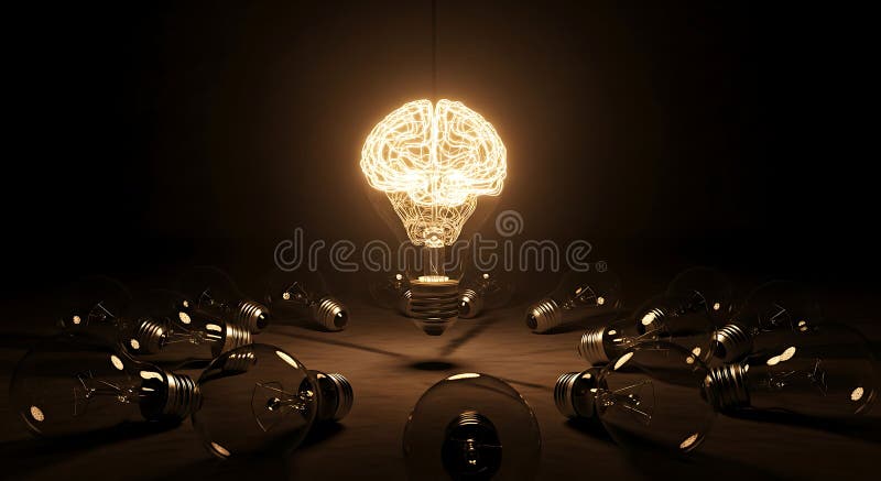 Central glowing brain idea surrounded by bulbs royalty free illustration