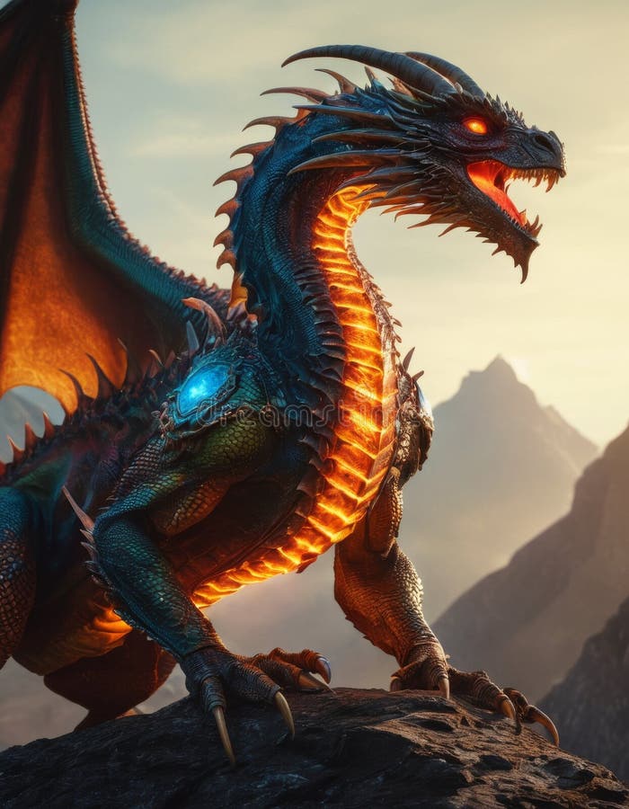 A powerful dragon with glowing scales and fiery eyes stands proudly on a rocky cliff, a fantasy setting that sparks tales of myth and adventure. AI generated. A powerful dragon with glowing scales and fiery eyes stands proudly on a rocky cliff, a fantasy setting that sparks tales of myth and adventure. AI generated