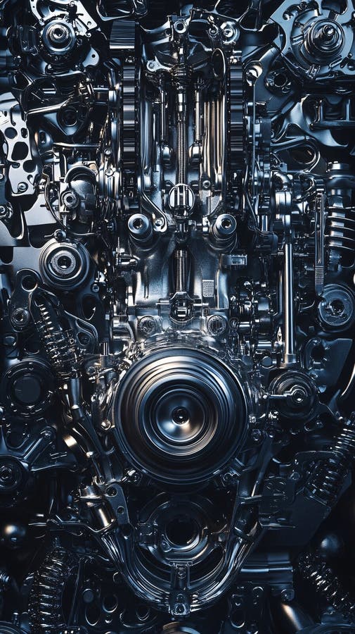 Powerful engine running with moving gears pistons and belts stock images