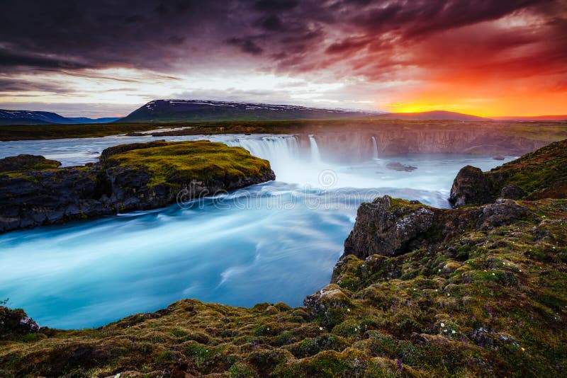 Powerful flow of water Godafoss cascade. Location Skjalfandafljot river, Iceland