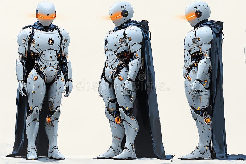 Futuristic robot hero with a dark cape posed in a series of different three-quarter views vector illustration