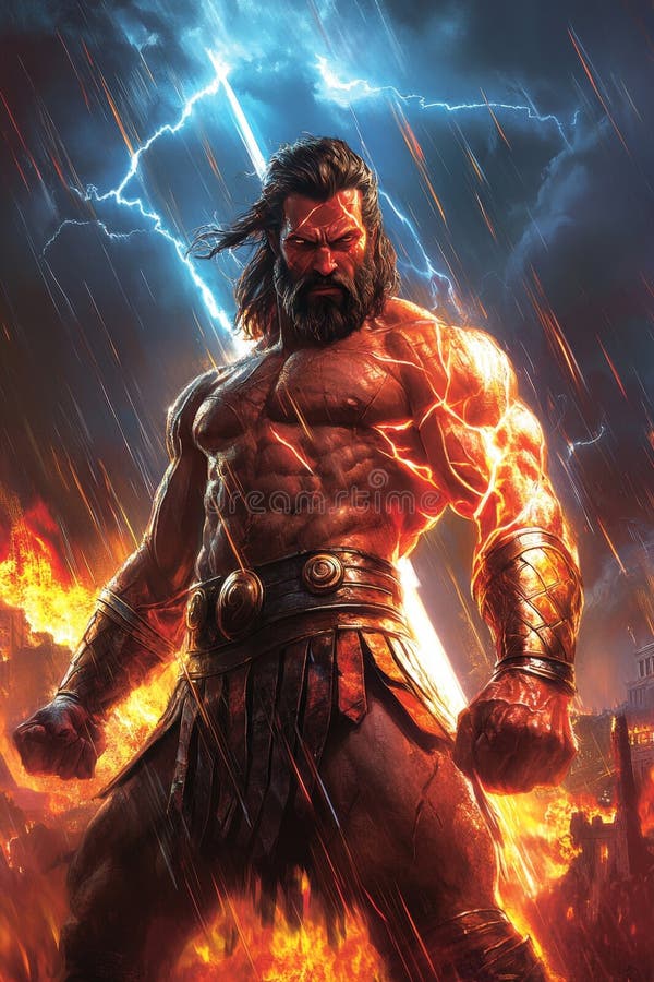 Powerful God of Thunder, Ruler of the Heavens, Ancient Mythology, Epic Digital Illustration royalty free illustration