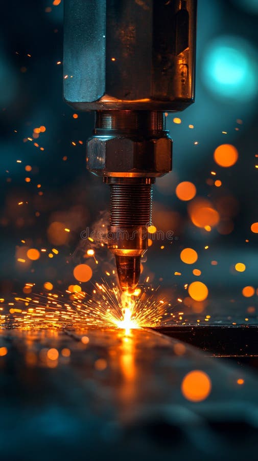 Powerful industrial welding machine creating sparks during metal fabrication process stock photos