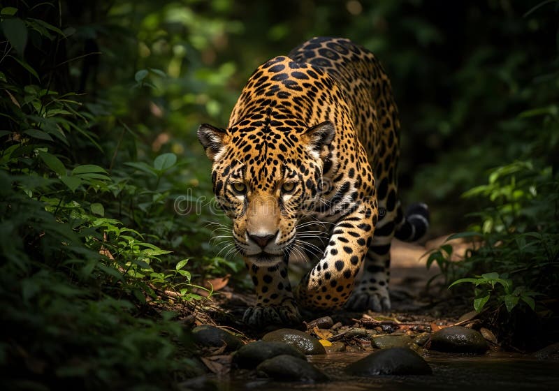 Majestic Jaguar Stalking Through Lush Rainforest royalty free stock image