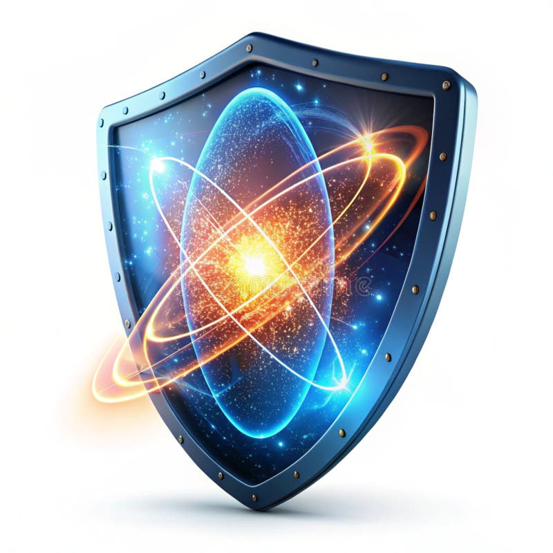 Levitating glowing shield with rotating energy particles isolated on white vector illustration