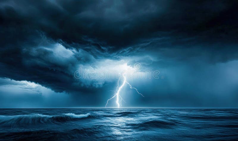 A Powerful Lightning Bolt Dramatically Strikes the Ocean during a