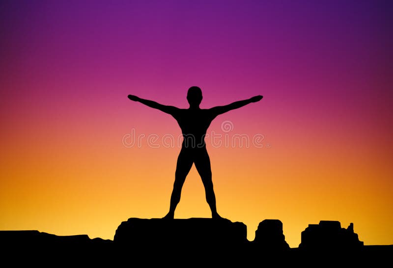 Sobre el de la roca, sierras, fuerte hombre en cuerpo el edificio ejercicio aparece cómo oscuro describir sobre el dorado púrpura amanecer.