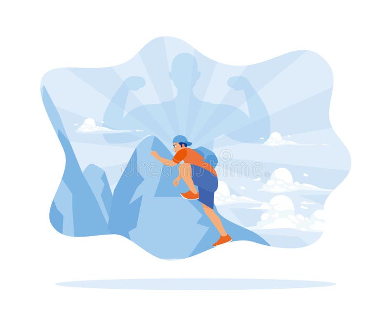 A powerful man climbs a mountain. Feeling strong. Try your best to get to the top. Self-improvement concept. vector illustration