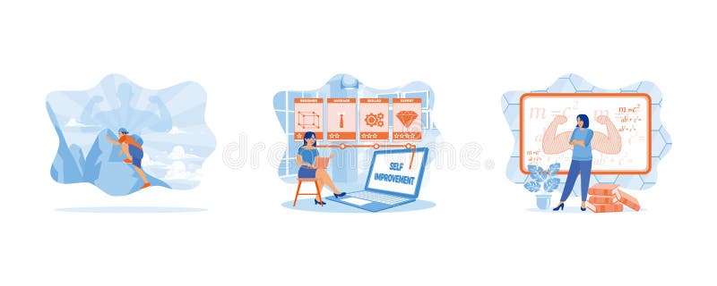 A powerful man climbs a mountain. Feeling strong. Young woman doing self improvement test online. stock illustration