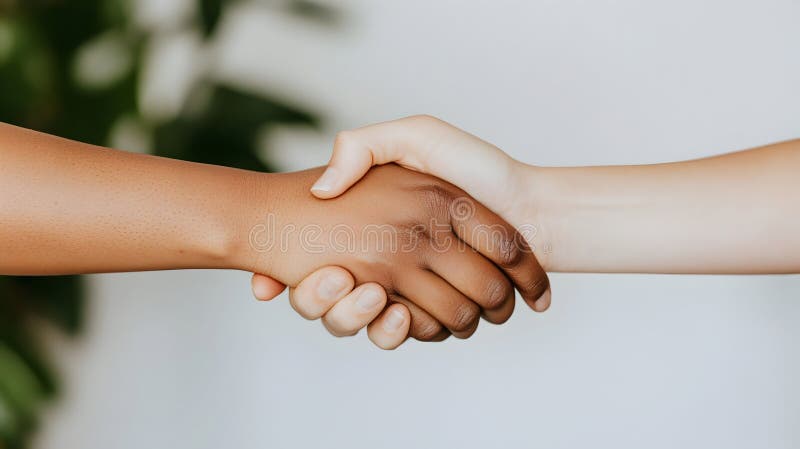 A powerful representation of unity and mutual agreement shown through a handshake between two individuals of different backgrounds. Ideal for corporate or social content. Selective focus. AI generated