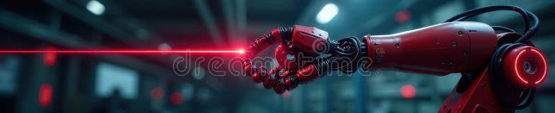 Powerful robotic arm; vibrant red optical sensors; intricate mechanics visible , robotic arm design, machinery, industrial robot royalty free illustration