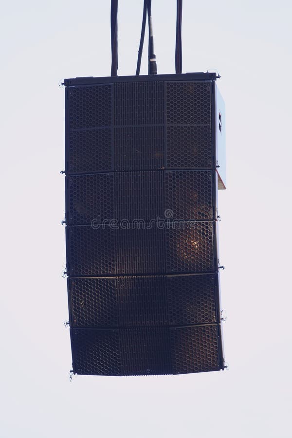 Powerful speakers set hanging over on the stage stock images Powerful speakers set hanging over on the stage stock images