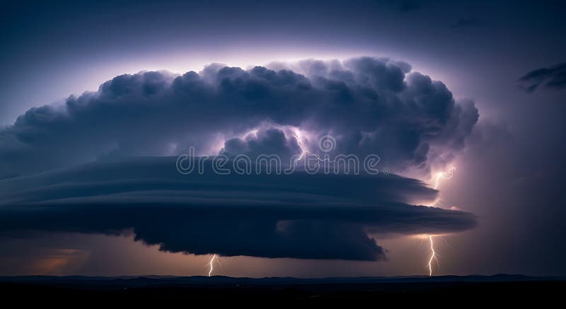 A powerful supercell thunderstorm dominates the night sky, featuring dark, swirli vector illustration