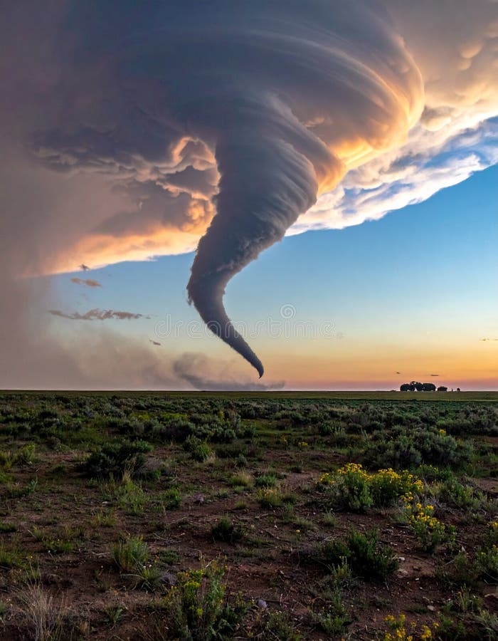 Powerful Supercell Tornado Over a Rural Landscape at Sunset stock illustration