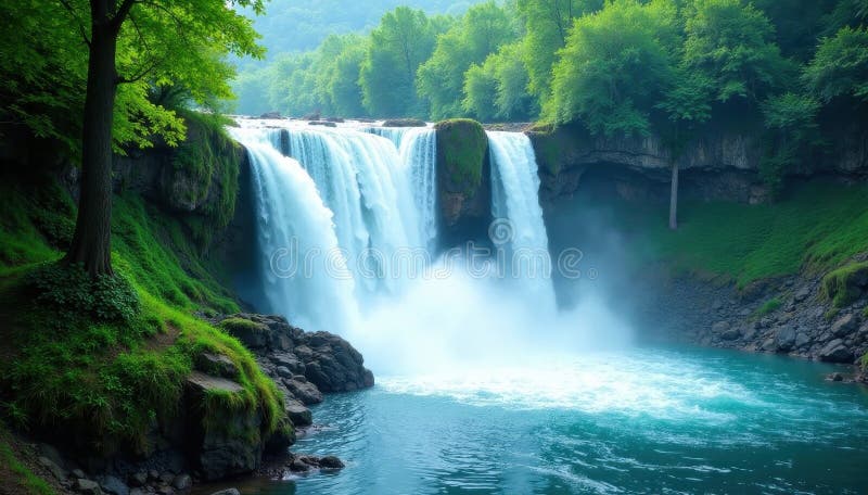 Powerful waterfall base, churning water, lush greenery , movement, green, rough vector illustration