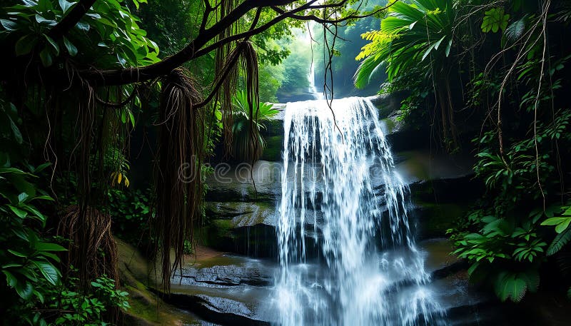 Powerful waterfall cascade. Nature and water flow scenery. Stock Photo, Generative AI royalty free illustration