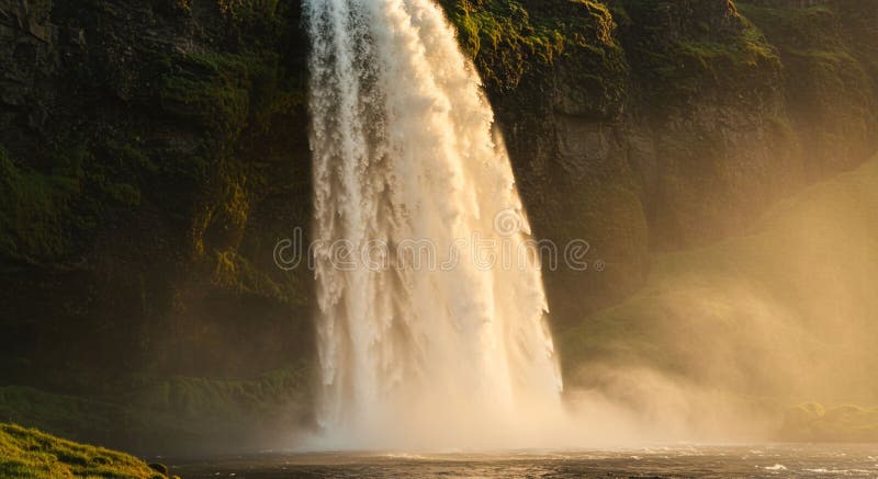 A powerful waterfall cascades down a moss-covered rocky cliff, creating mist as it vector illustration