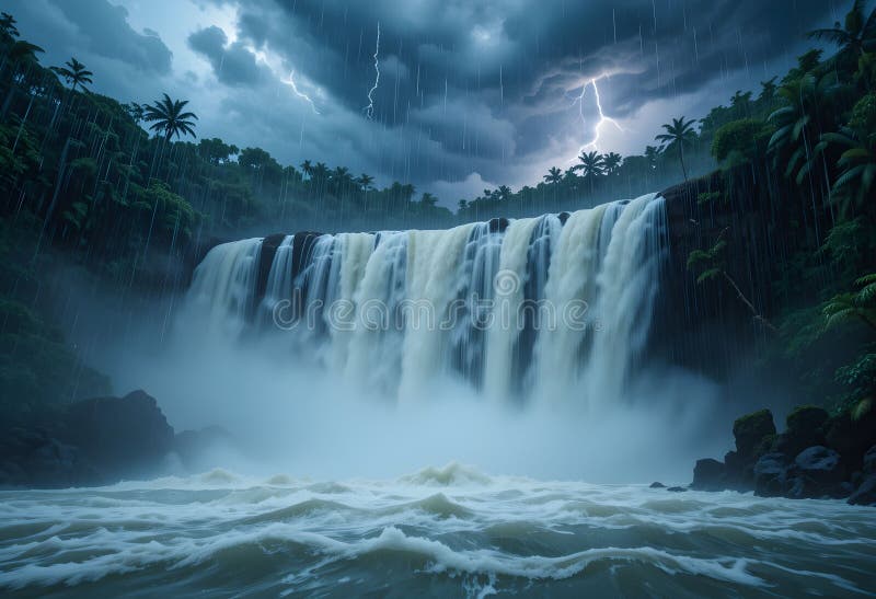 A powerful waterfall cascades down a rocky cliff surrounded by lush, dense rainforest. vector illustration