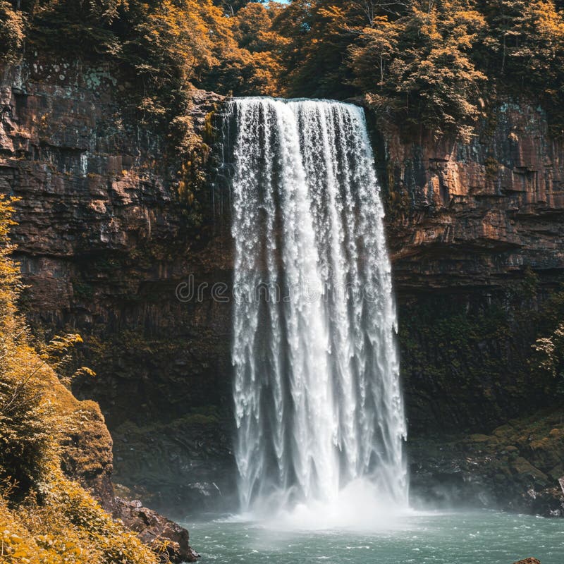 A powerful waterfall cascades down a rocky cliff, surrounded by lush, forested terrain. royalty free illustration