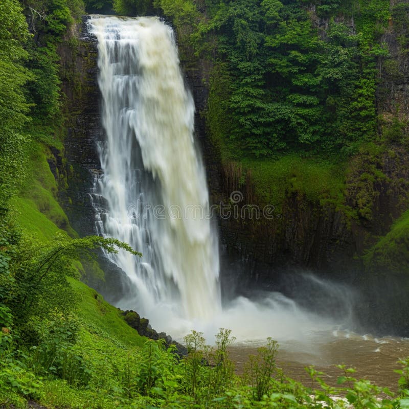 A powerful waterfall cascades down a rugged rock face into a pool below, surrounded stock illustration
