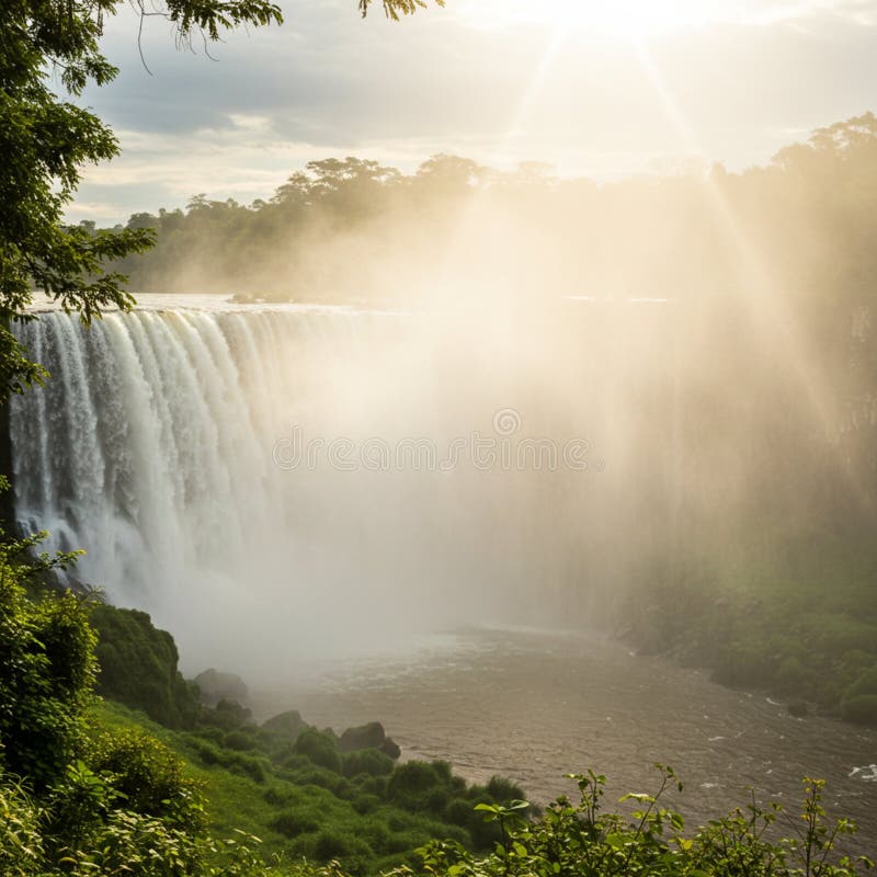 A powerful waterfall cascades into a mist-filled basin, surrounded by lush greenery. vector illustration