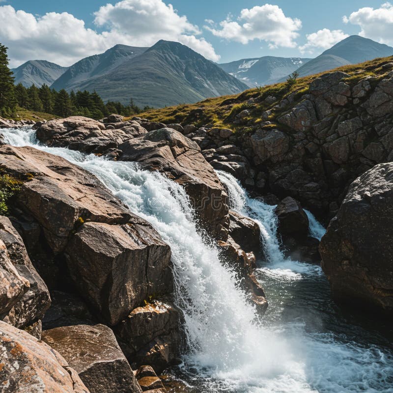 A powerful waterfall cascades over rugged rocks, surrounded by a lush, green vector illustration