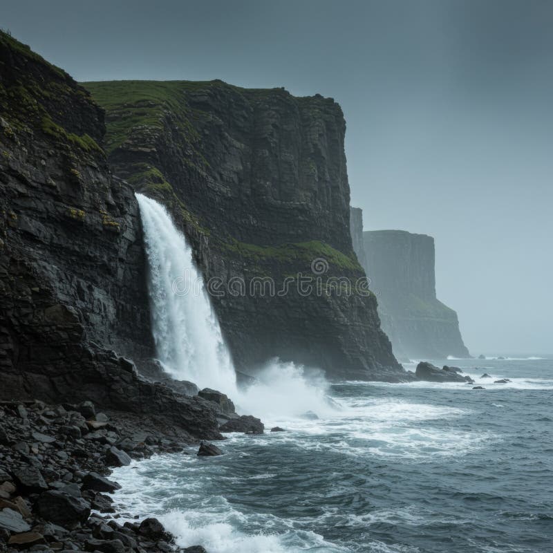 Powerful Waterfall Cascading Down Dark Cliffs into a Turbulent Ocean royalty free illustration