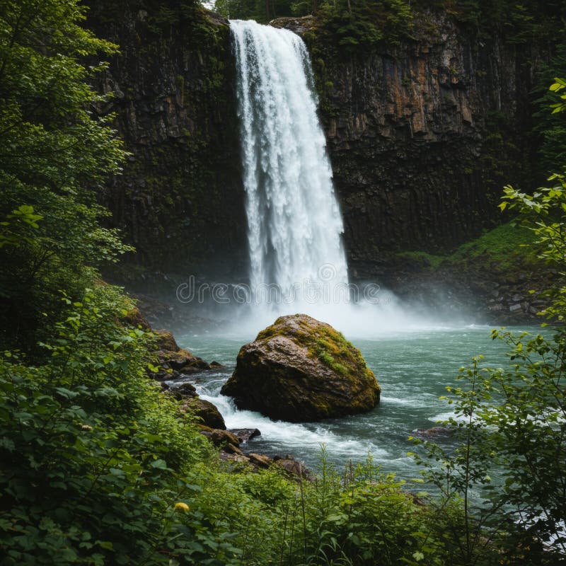 Powerful Waterfall Cascading Down Dark Rocks in Lush Green Forest royalty free illustration