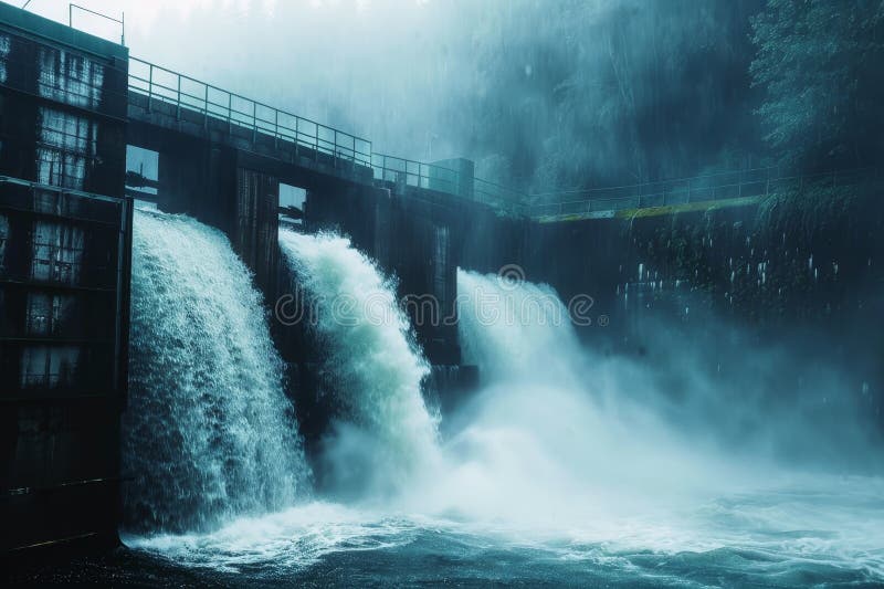 A powerful waterfall cascading down into a hydroelectric power station stock illustration